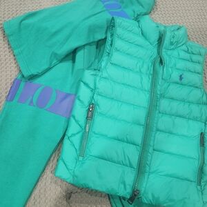 Ralph Lauren Aqua Puffer Vest, shirt, and joggers.